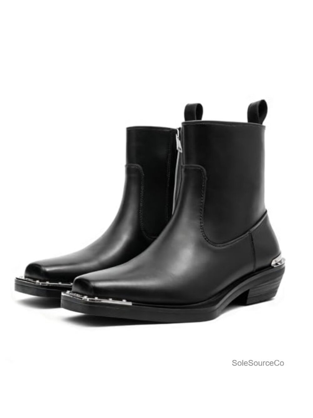 Men's Leather Chelsea Ankle Boots Chunky Heel Side Zip Square Toe Dress Boots